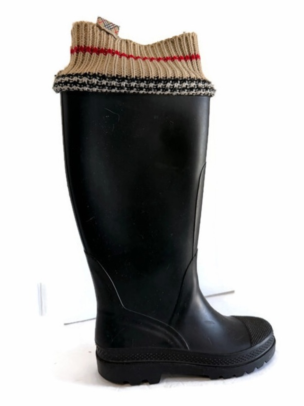 Burberry Black Rain Boots with Beige Knit Cuff and Red Accent